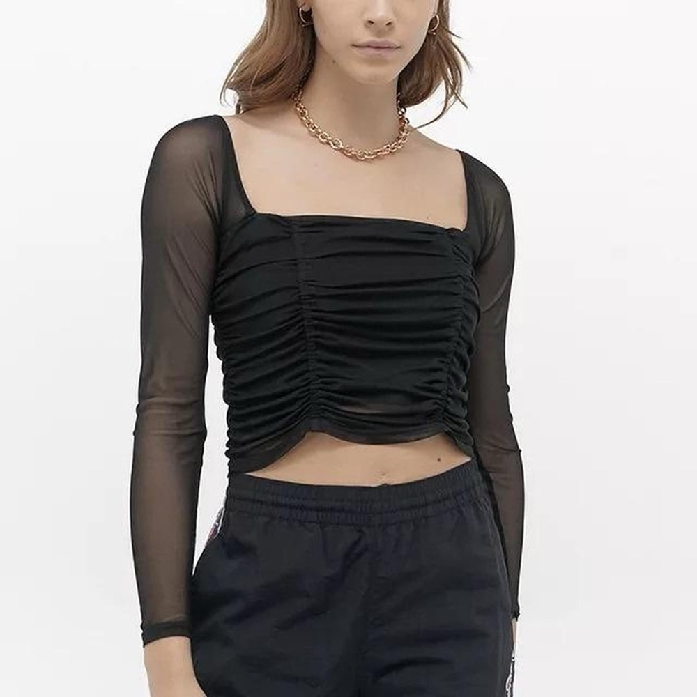 Elegant Black Ruched Mesh Sleeve Top Urban Outfitters